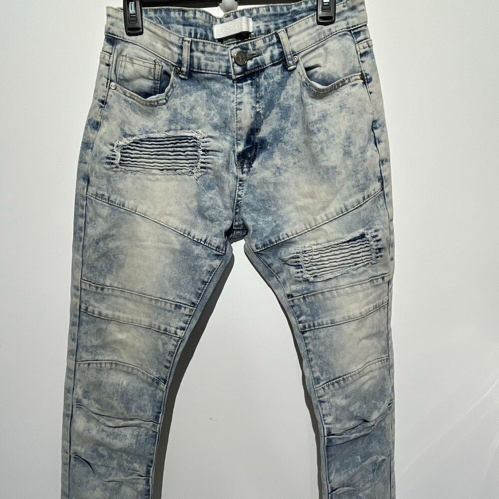 GS-115 Men's Blue Light Acid Wash Slim Fit Distressed‎ Moto Denim Jeans Size 32